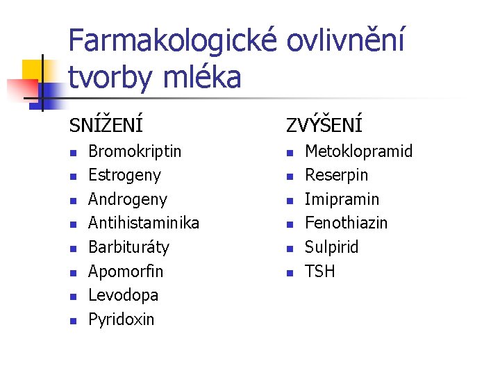 Farmakologické ovlivnění tvorby mléka SNÍŽENÍ n n n n Bromokriptin Estrogeny Androgeny Antihistaminika Barbituráty