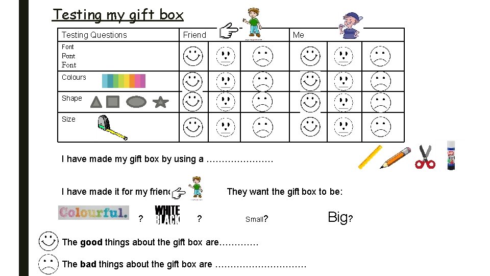 Testing my gift box Testing Questions Friend Me Font Colours Shape Size I have