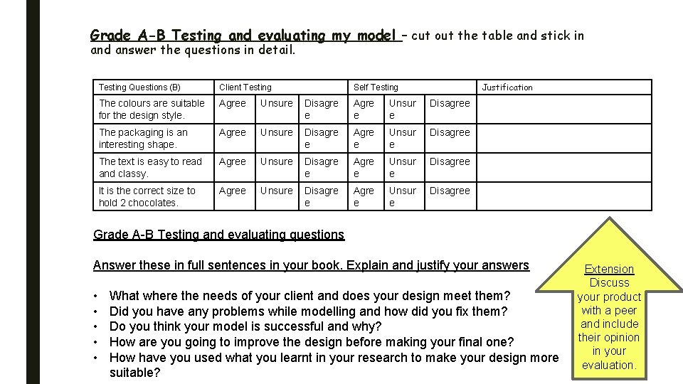 Grade A-B Testing and evaluating my model – cut out the table and stick