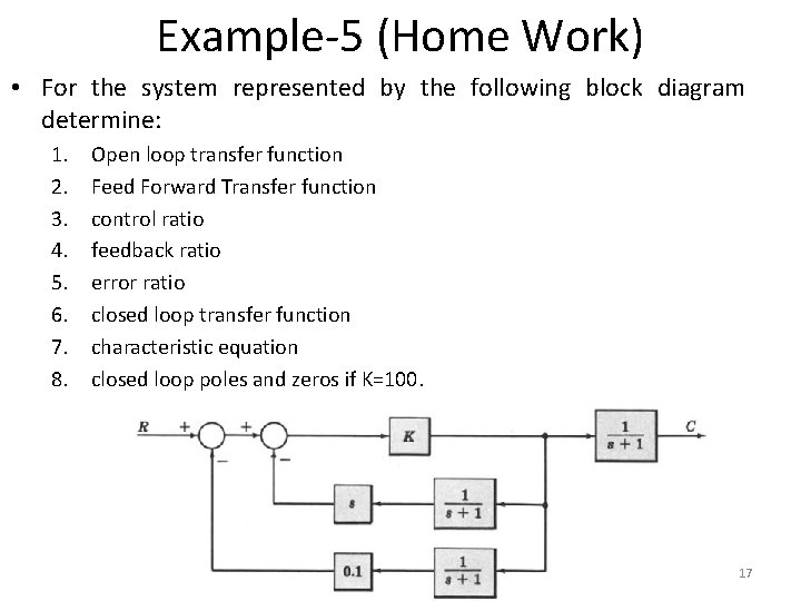 Example-5 (Home Work) • For the system represented by the following block diagram determine: