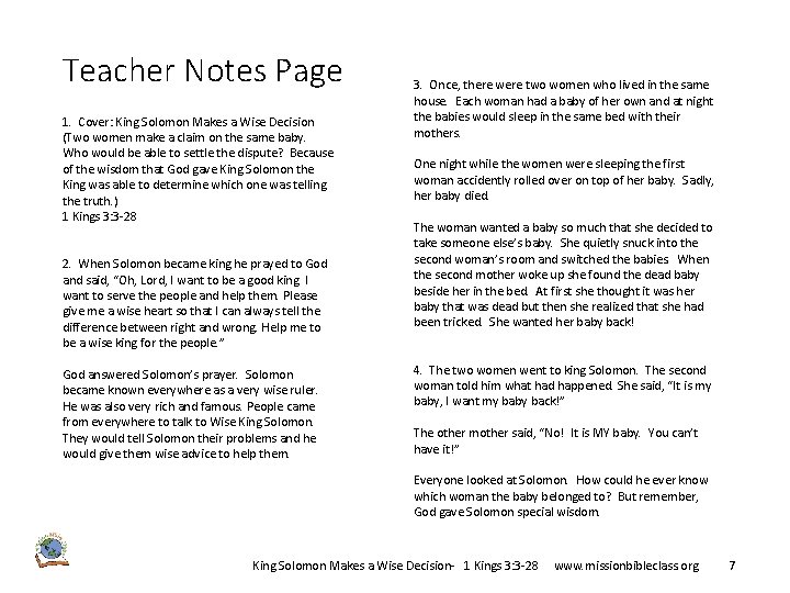 Teacher Notes Page 1. Cover: King Solomon Makes a Wise Decision (Two women make Teacher Notes Page 1. Cover: King Solomon Makes a Wise Decision (Two women make