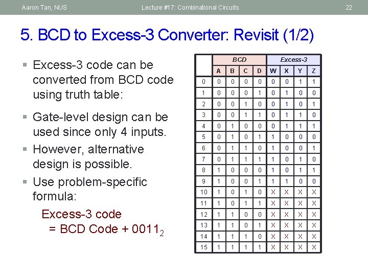 Aaron Tan, NUS Lecture #17: Combinational Circuits 22 5. BCD to Excess-3 Converter: Revisit
