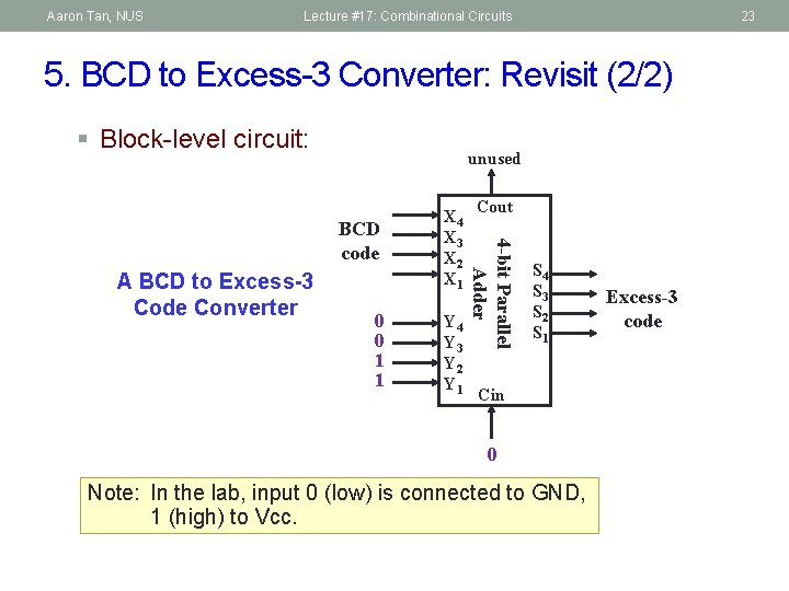 Aaron Tan, NUS Lecture #17: Combinational Circuits 23 5. BCD to Excess-3 Converter: Revisit
