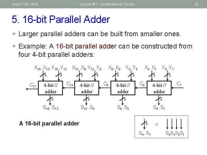 Aaron Tan, NUS Lecture #17: Combinational Circuits 24 5. 16 -bit Parallel Adder §