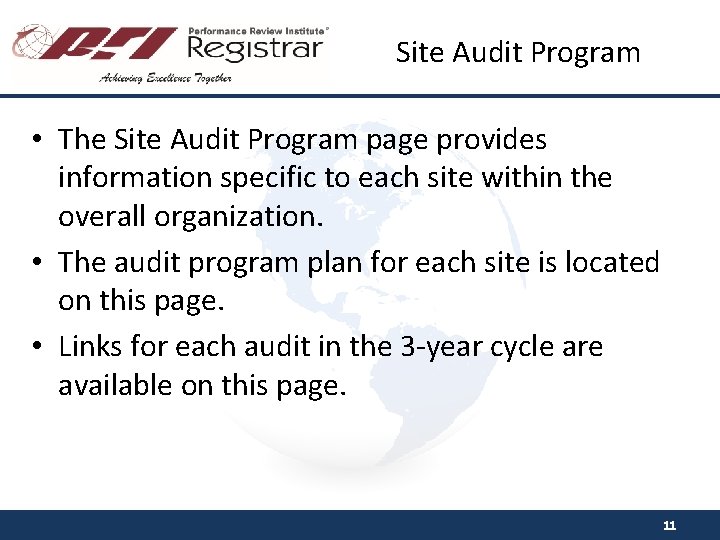 Site Audit Program • The Site Audit Program page provides information specific to each