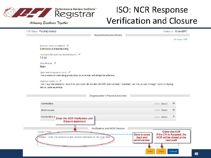 ISO: NCR Response Verification and Closure 45 