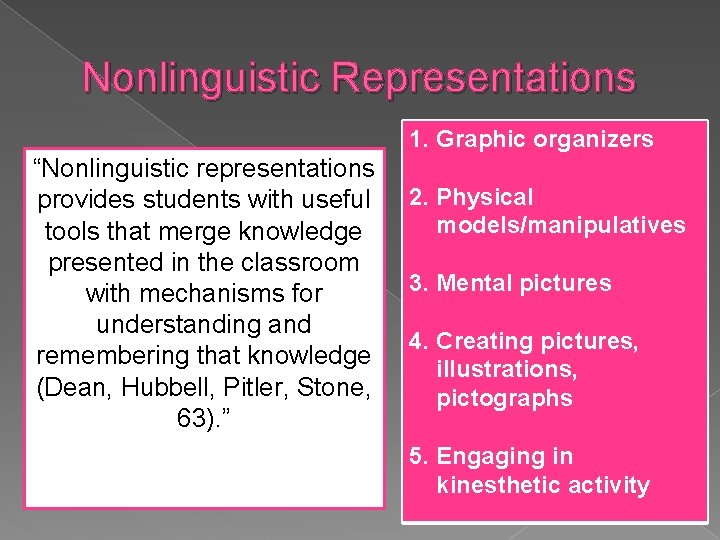 Nonlinguistic Representations 1. Graphic organizers “Nonlinguistic representations provides students with useful tools that merge