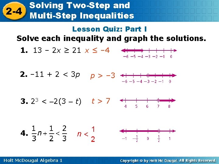 Solving Two-Step and 2 -4 Multi-Step Inequalities Lesson Quiz: Part I Solve each inequality