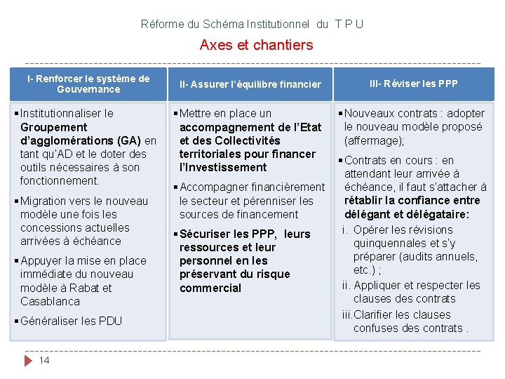 Réforme du Schéma Institutionnel du T P U Axes et chantiers I- Renforcer le