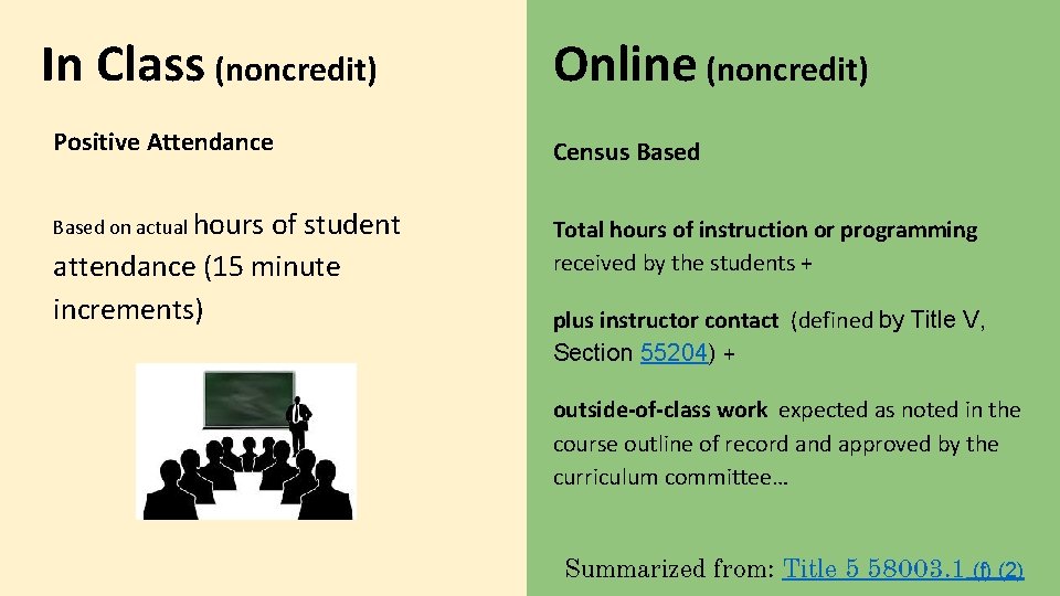 In Class (noncredit) Positive Attendance Based on actual hours of student attendance (15 minute