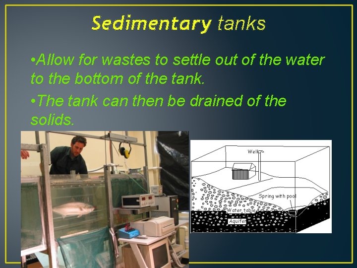 Sedimentary tanks • Allow for wastes to settle out of the water to the