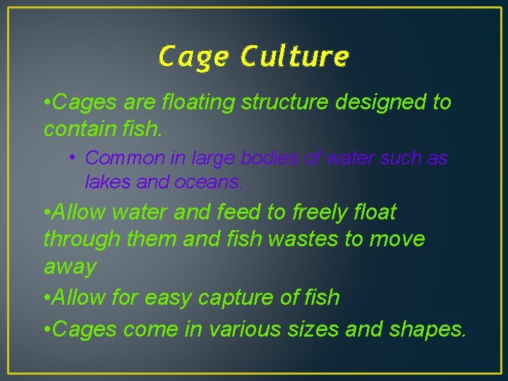 Cage Culture • Cages are floating structure designed to contain fish. • Common in
