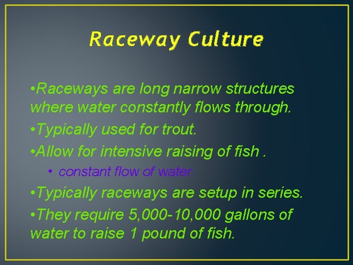 Raceway Culture • Raceways are long narrow structures where water constantly flows through. •