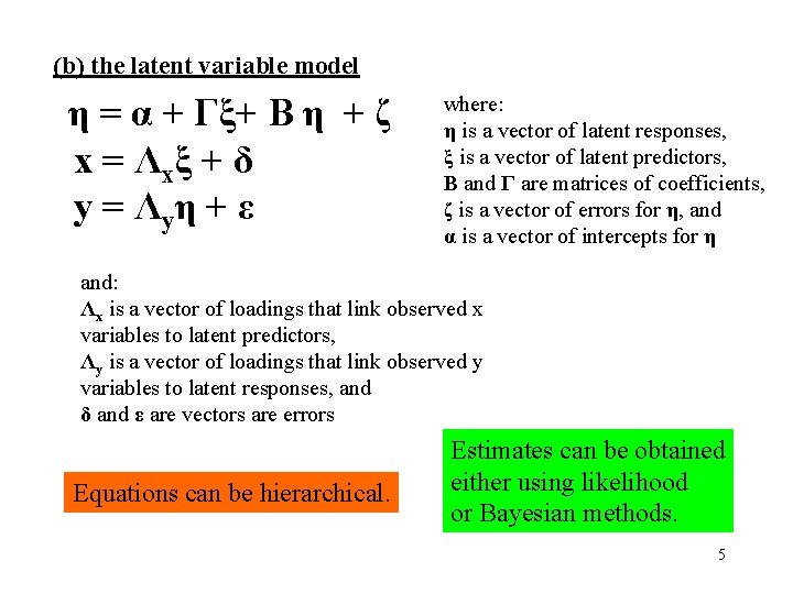 (b) the latent variable model η = α + Γξ+ Β η + ζ