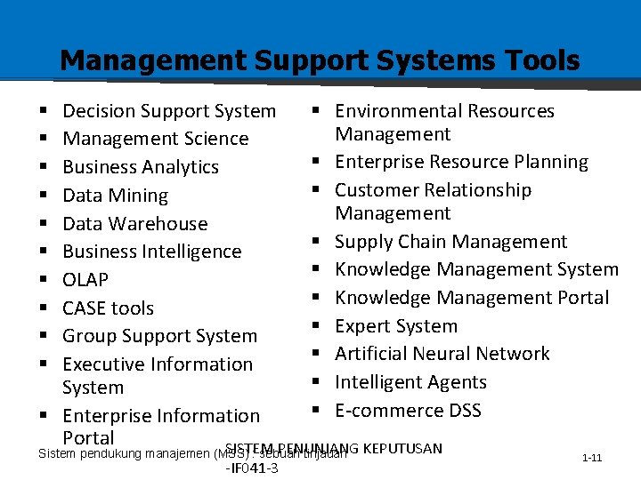 Management Support Systems Tools Decision Support System § Environmental Resources Management Science § Enterprise