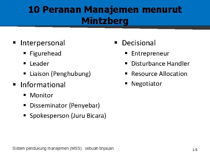 10 Peranan Manajemen menurut Mintzberg § Interpersonal § Figurehead § Leader § Liaison (Penghubung)