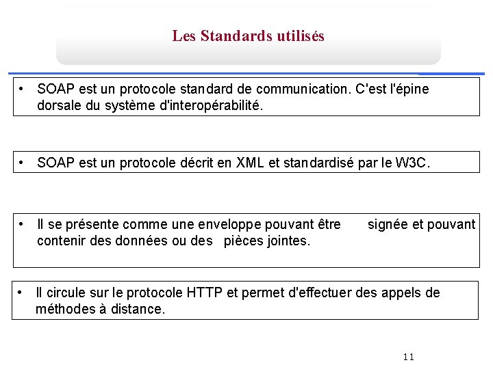 Les Standards utilisés • SOAP est un protocole standard de communication. C'est l'épine dorsale