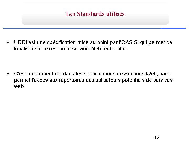 Les Standards utilisés • UDDI est une spécification mise au point par l'OASIS qui