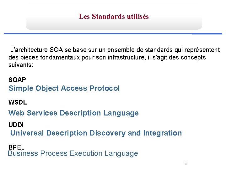 Les Standards utilisés L’architecture SOA se base sur un ensemble de standards qui représentent