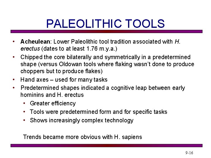 PALEOLITHIC TOOLS • Acheulean: Lower Paleolithic tool tradition associated with H. erectus (dates to