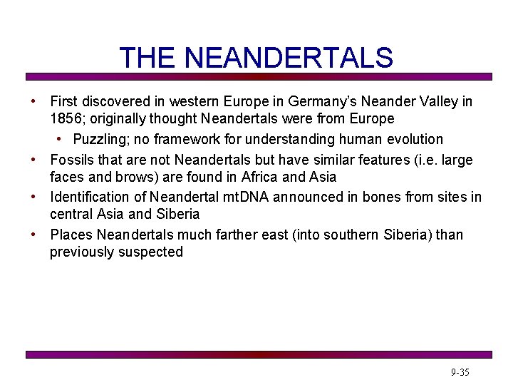 THE NEANDERTALS • First discovered in western Europe in Germany’s Neander Valley in 1856;