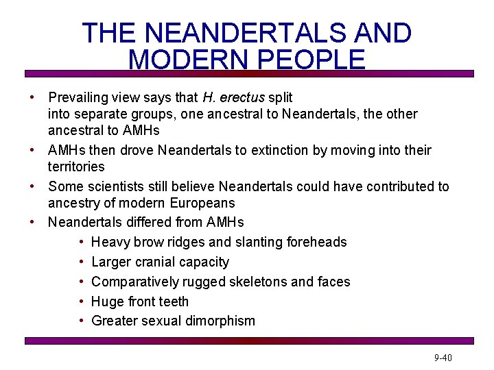 THE NEANDERTALS AND MODERN PEOPLE • Prevailing view says that H. erectus split into