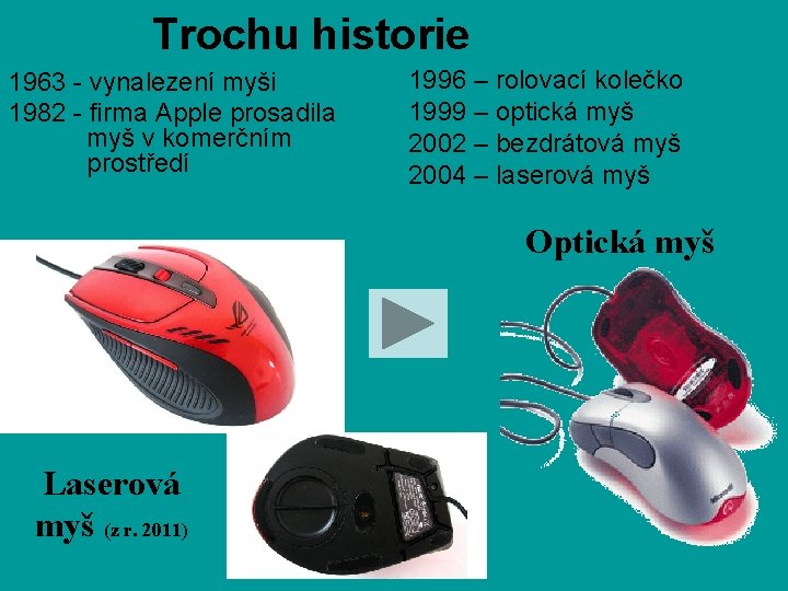 Trochu historie 1963 - vynalezení myši 1982 - firma Apple prosadila myš v komerčním