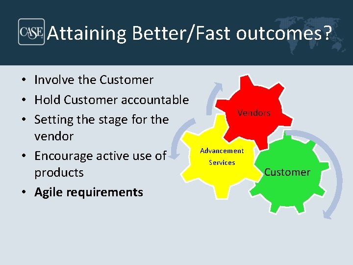 Attaining Better/Fast outcomes? • Involve the Customer • Hold Customer accountable • Setting the