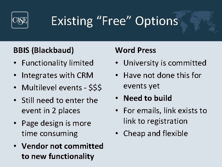 Existing “Free” Options BBIS (Blackbaud) • Functionality limited • Integrates with CRM • Multilevel