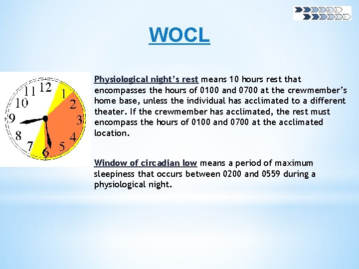 WOCL Physiological night’s rest means 10 hours rest that encompasses the hours of 0100