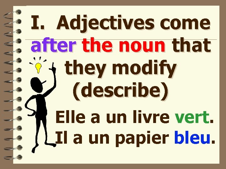 I. Adjectives come after the noun that they modify (describe) Elle a un livre