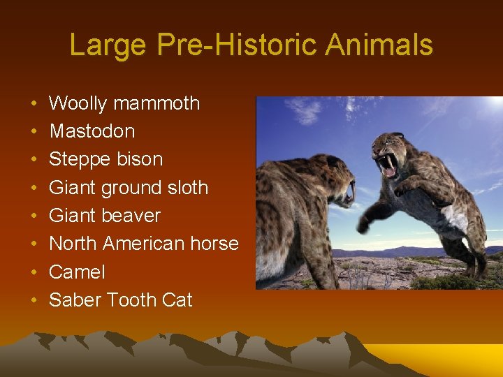 Large Pre-Historic Animals • • Woolly mammoth Mastodon Steppe bison Giant ground sloth Giant