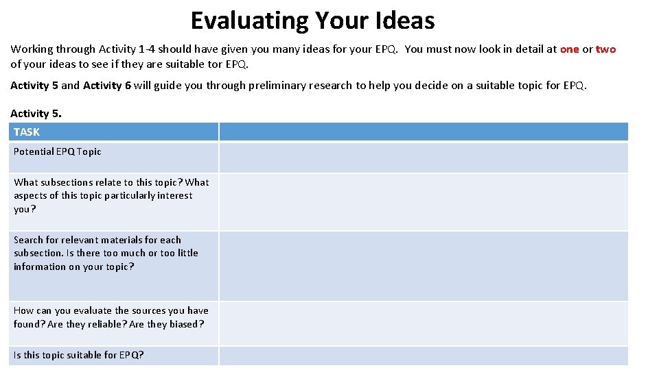 Evaluating Your Ideas Working through Activity 1 -4 should have given you many ideas