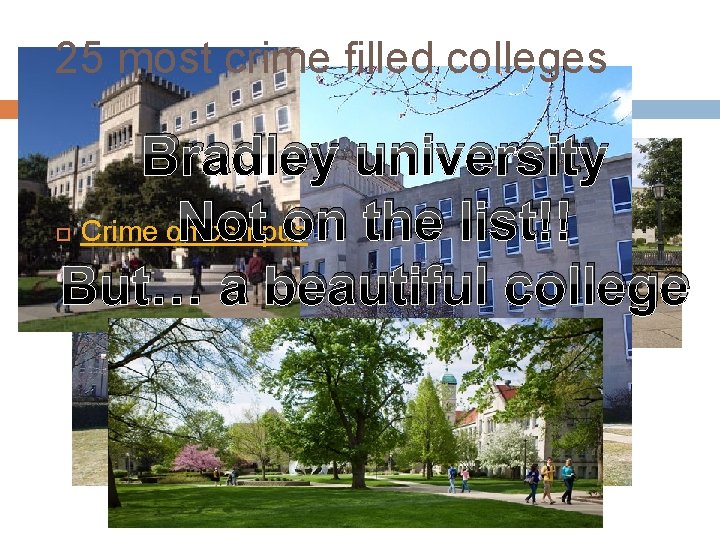 25 most crime filled colleges Bradley university Not on the list!! Crime on campus
