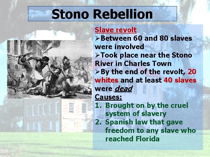 Stono Rebellion Slave revolt ØBetween 60 and 80 slaves were involved ØTook place near