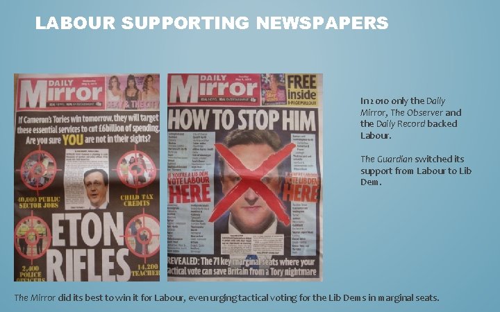 LABOUR SUPPORTING NEWSPAPERS In 2010 only the Daily Mirror, The Observer and the Daily