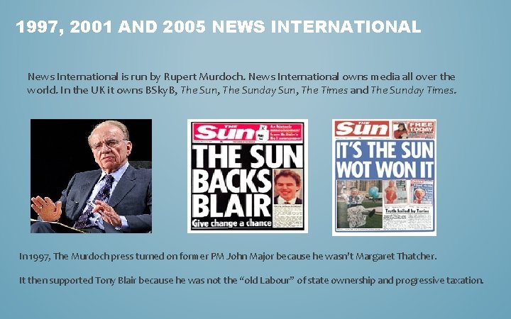 1997, 2001 AND 2005 NEWS INTERNATIONAL News International is run by Rupert Murdoch. News