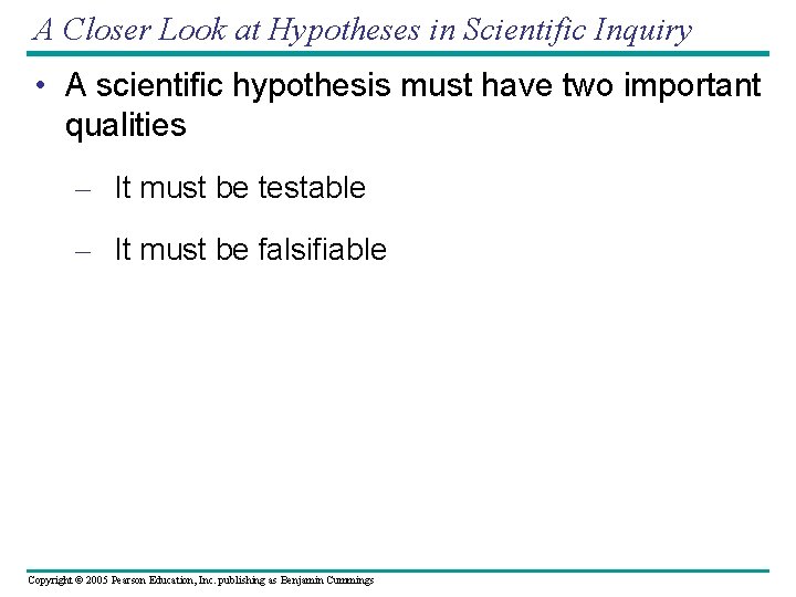 A Closer Look at Hypotheses in Scientific Inquiry • A scientific hypothesis must have