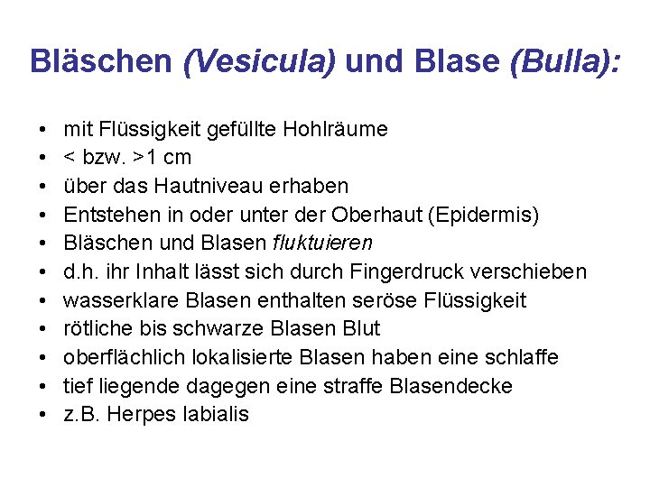 Bläschen (Vesicula) und Blase (Bulla): • • • mit Flüssigkeit gefüllte Hohlräume < bzw. Bläschen (Vesicula) und Blase (Bulla): • • • mit Flüssigkeit gefüllte Hohlräume < bzw.