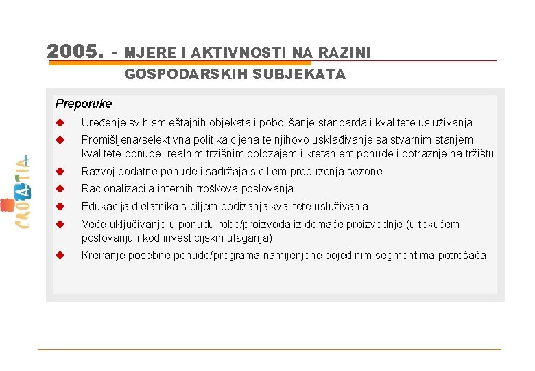 2005. - MJERE I AKTIVNOSTI NA RAZINI GOSPODARSKIH SUBJEKATA Preporuke u Uređenje svih smještajnih