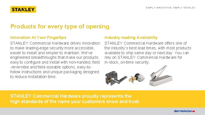 SIMPLY INNOVATIVE. SIMPLY STANLEY. Products for every type of opening Innovation At Your Fingertips