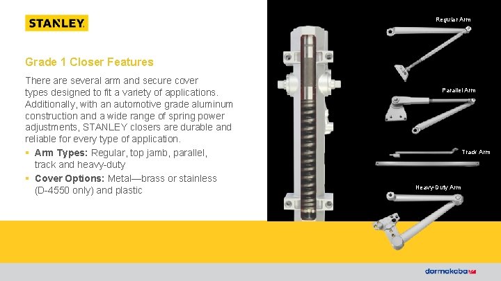 SIMPLY INNOVATIVE. SIMPLY STANLEY. Regular Arm Grade 1 Closer Features There are several arm