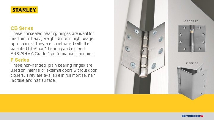 SIMPLY INNOVATIVE. SIMPLY STANLEY. CB SERIES CB Series These concealed bearing hinges are ideal