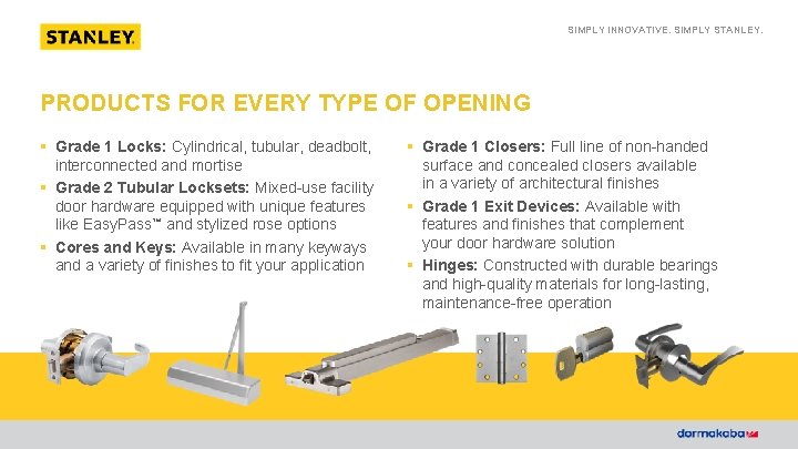 SIMPLY INNOVATIVE. SIMPLY STANLEY. PRODUCTS FOR EVERY TYPE OF OPENING § Grade 1 Locks: