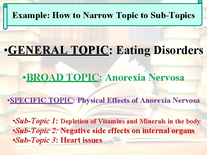 Example: How to Narrow Topic to Sub-Topics • GENERAL TOPIC: Eating Disorders • BROAD