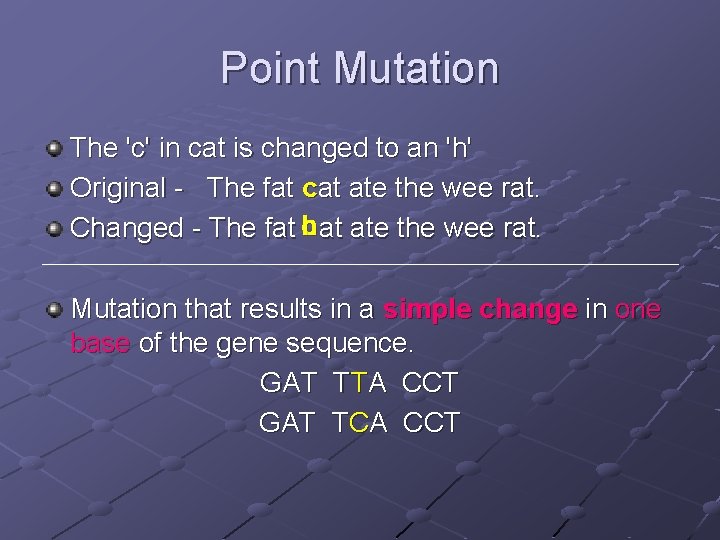 Point Mutation The 'c' in cat is changed to an 'h' Original - The