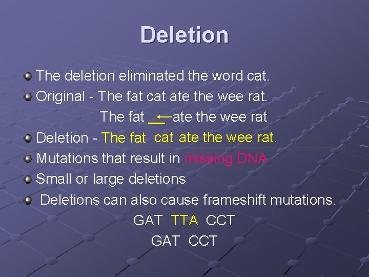 Deletion The deletion eliminated the word cat. Original - The fat cat ate the