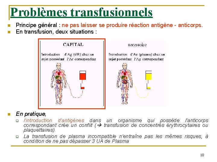 Problèmes transfusionnels n Principe général : ne pas laisser se produire réaction antigène -