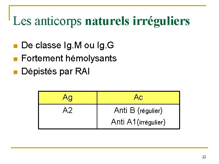Les anticorps naturels irréguliers n n n De classe Ig. M ou Ig. G