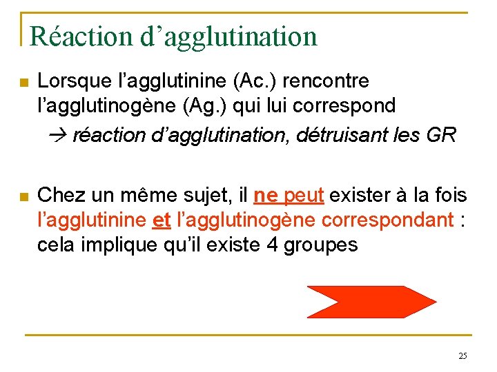 Réaction d’agglutination n Lorsque l’agglutinine (Ac. ) rencontre l’agglutinogène (Ag. ) qui lui correspond